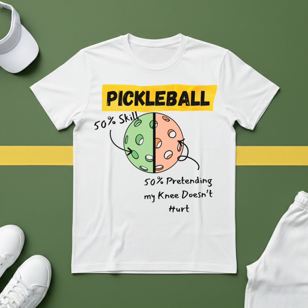 Pickleball: 50% Skill, 50% Pretending my Knee Doesn't Hurt (Pie chart) T-Shirt